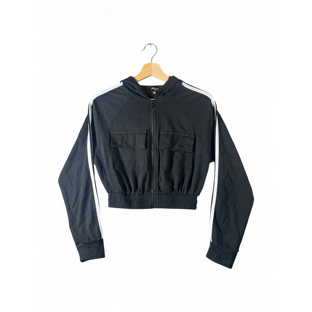 Julia Womens Black Cropped Zip Up Hoodie White Side Stripe Utility Pockets S